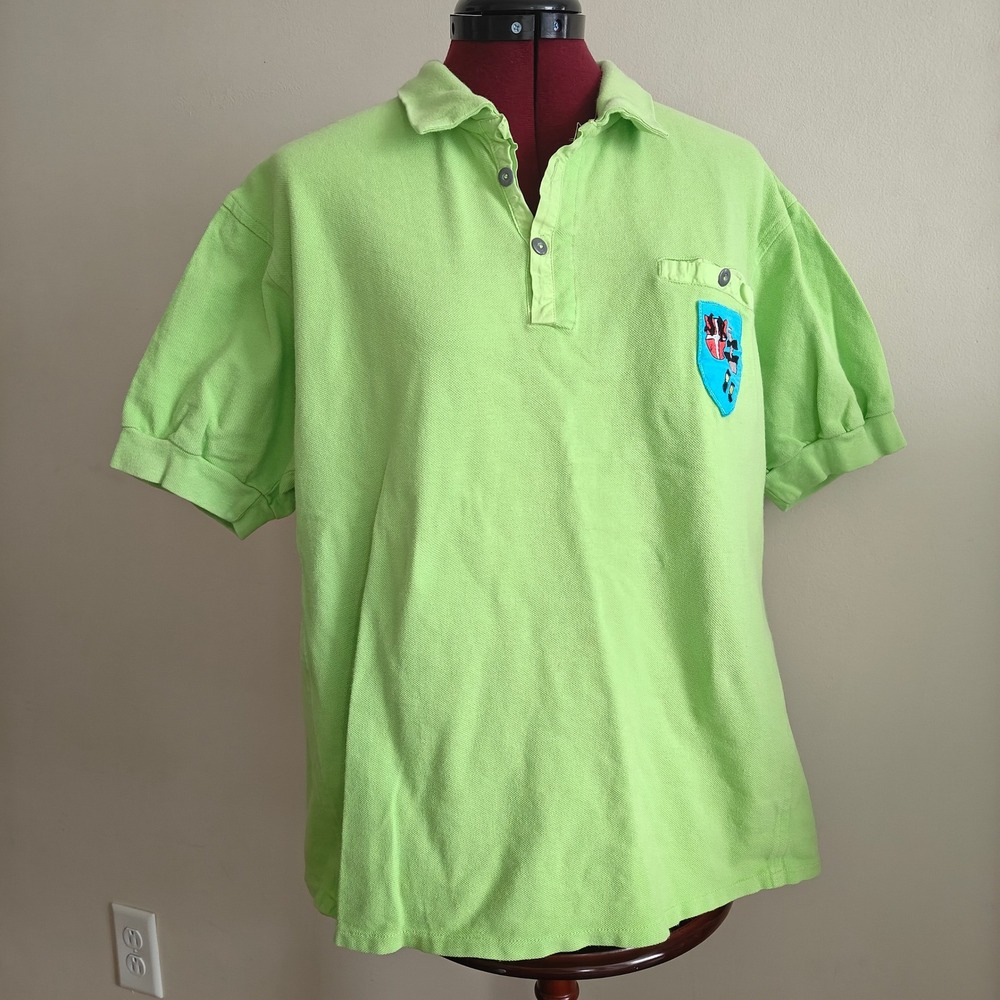 Vintage Men's Swatch Rugby Polo Shirt‎ Bright Green Short Sleeve Crest Patch Y2K